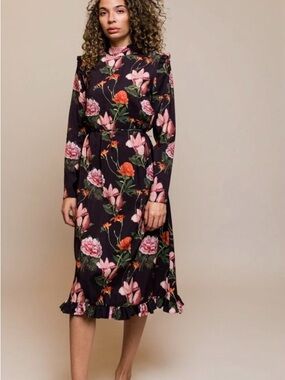 Navy Blue Long-Sleeve Floral Midi Dress with Pink & Orange Blooms